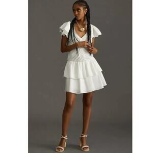 NWT Anthropologie Love The Label Ruffled Mini Dress DEEP-V  $248 MEDIUM White